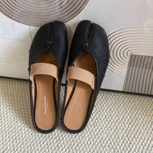 Maison Martin Margiela Black Leather Tabi Mules with Beige Strap